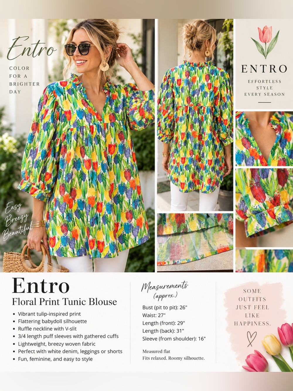 Entro Floral Tulip Print Ruffle Neck Babydoll Tunic Blouse Size 1X